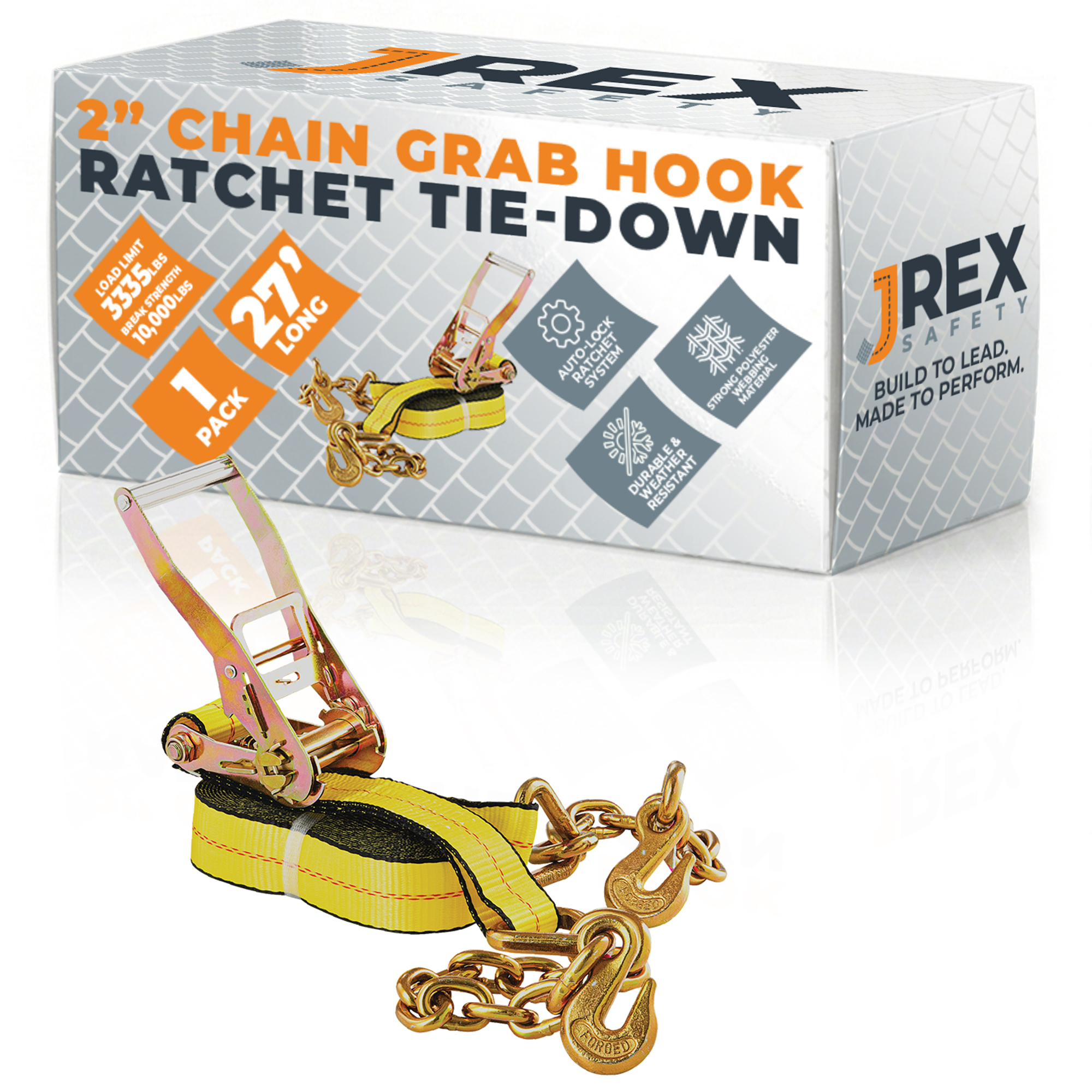 HD Ratchet Strap with Chain Grab Hooks - Yellow 2" x 27' Tie Down